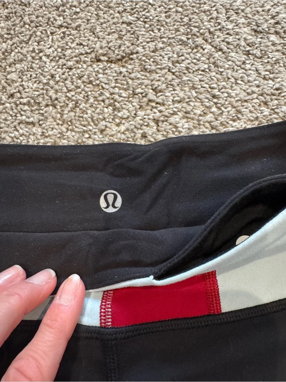 Lululemon booty Black Athletic Shorts with Red and light blue waistband